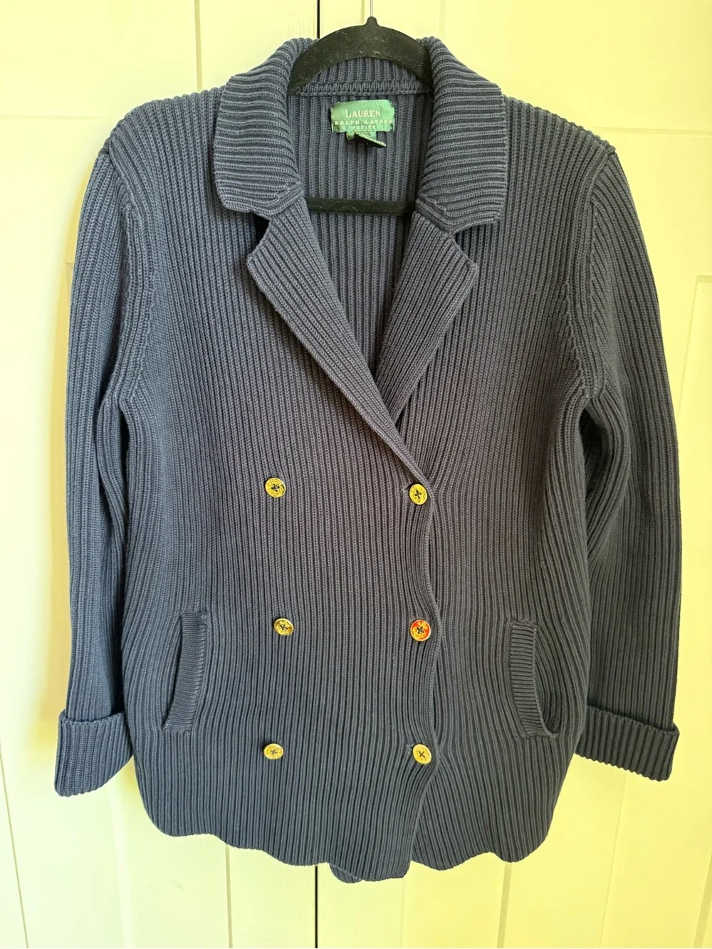 Ralph Lauren Petite Navy Ribbed Knit Cardigan with gold buttons. Size M. EUC.